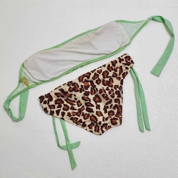 Gianni Bini Ruffle Bandeau Strapless Seafoam Green Leopard Print Bikini - Picture 2 of 9